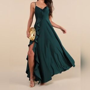 Lulus Stylish Grace Emerald Backless Lace-Up Ruffled Maxi Dress, Size Large